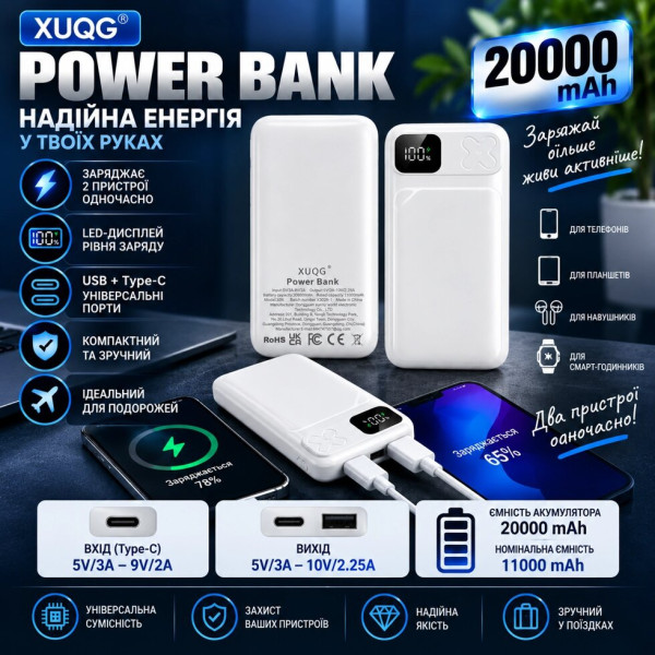 Павербанк XUQG X06 20000 мА·год з LED-дисплеєм та швидкою зарядкою