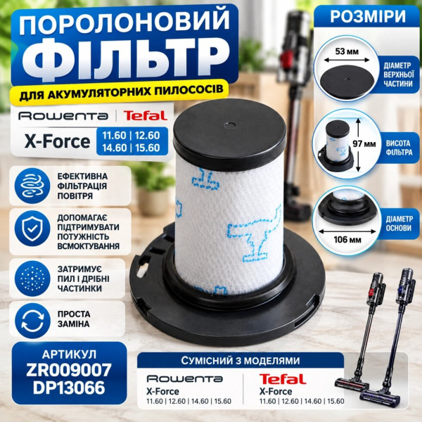 Фільтр поролоновий для пилососів Rowenta та Tefal X-Force ZR009007