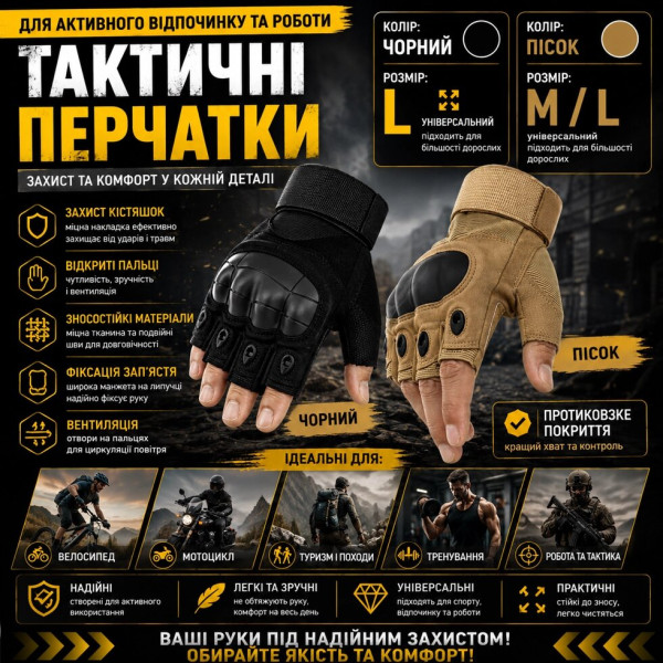 Тактичні захисні рукавички напівпальці — чорний L та пісочний M, L