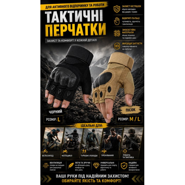 Тактичні захисні рукавички напівпальці — чорний L та пісочний M, L