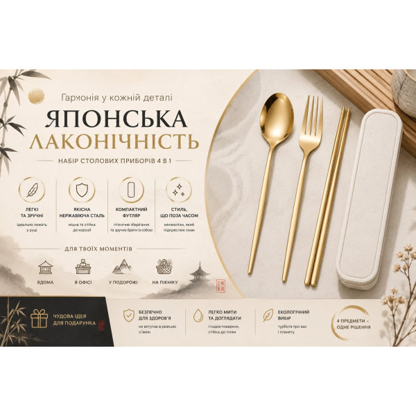 Набір приладів Gold Zen — для суші, локшини та азійської кухні, у золотому кольорі з футляром
