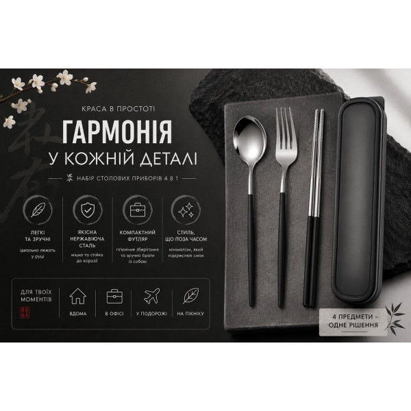 Суші-набір Silver Midnight — ложка, виделка та палички у сріблясто-чорному дизайні для східних страв