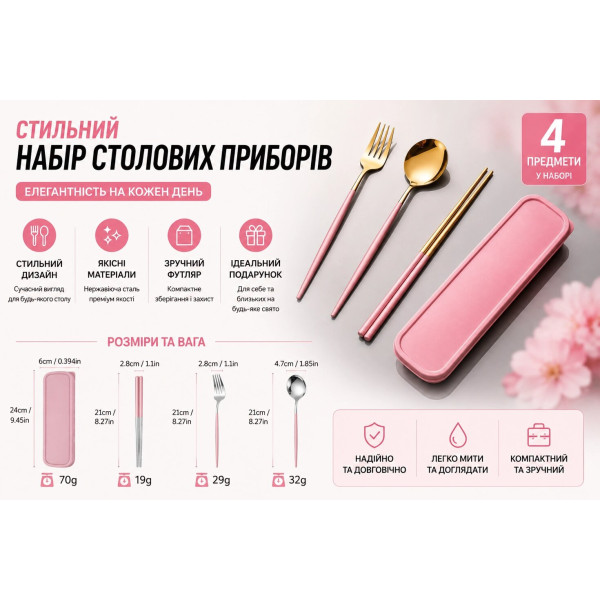 Столовий набір Golden Blossom — стильні прилади у золотисто-рожевому кольорі для офісу, школи чи подорожей