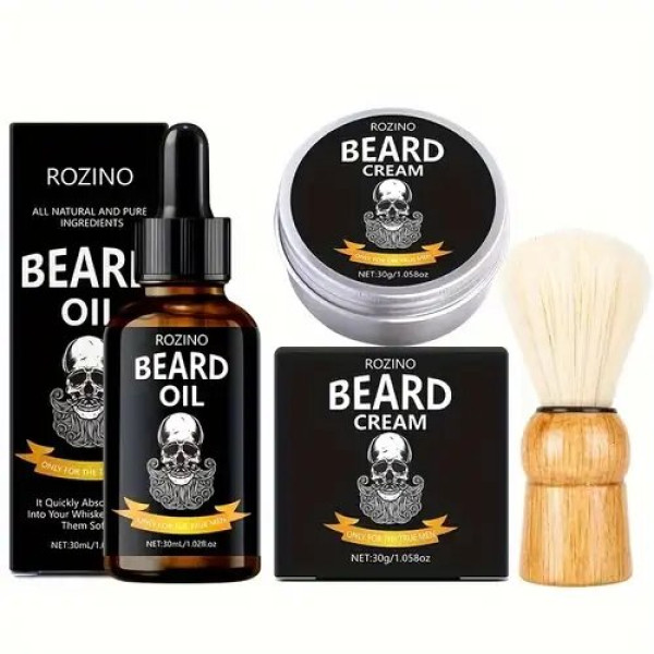 Набір для догляду за бородою ROZINO Black Skull: олія, бальзам, крем та щітка - ідеальний чоловічий подарунок