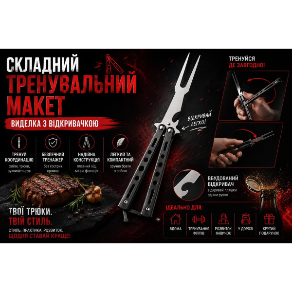 Складана виделка для м’яса та гриля з відкривачкою