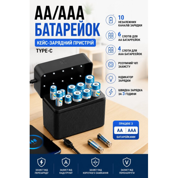 Компактний зарядний кейс AA/AAA Type-C зі світлодіодною індикацією