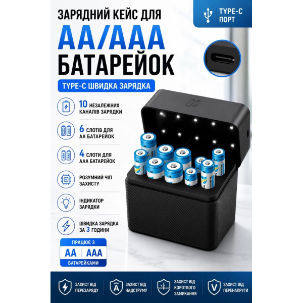 Компактний зарядний кейс AA/AAA Type-C зі світлодіодною індикацією