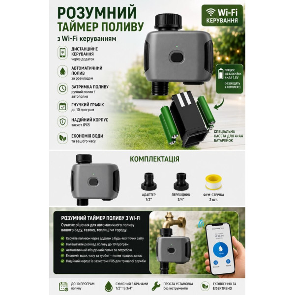 Wi-Fi контролер автоматичного поливу з підтримкою мобільного застосунку, функцією відкладення дощу та ручним режимом