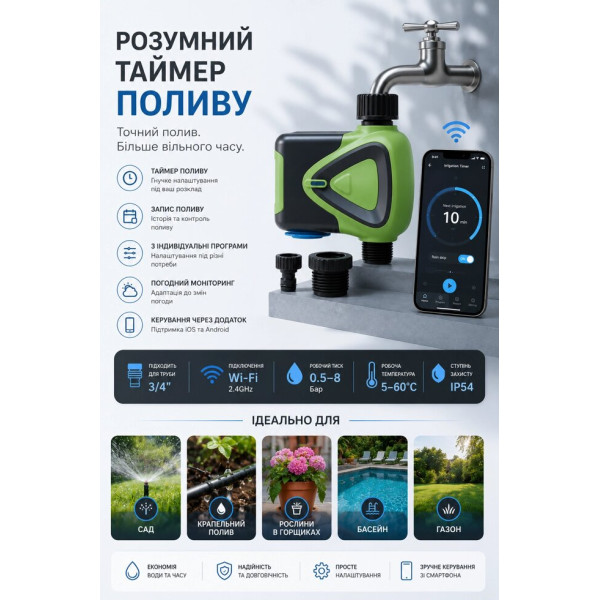 Електронний Wi-Fi таймер поливу з підтримкою Tuya Smart, Smart Life та автоматичним розкладом