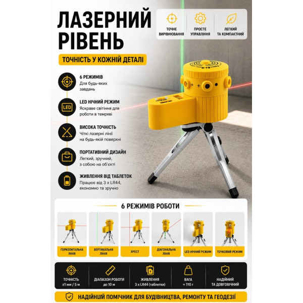 Компактний лазерний рівень з вертикальною та горизонтальною проекцією