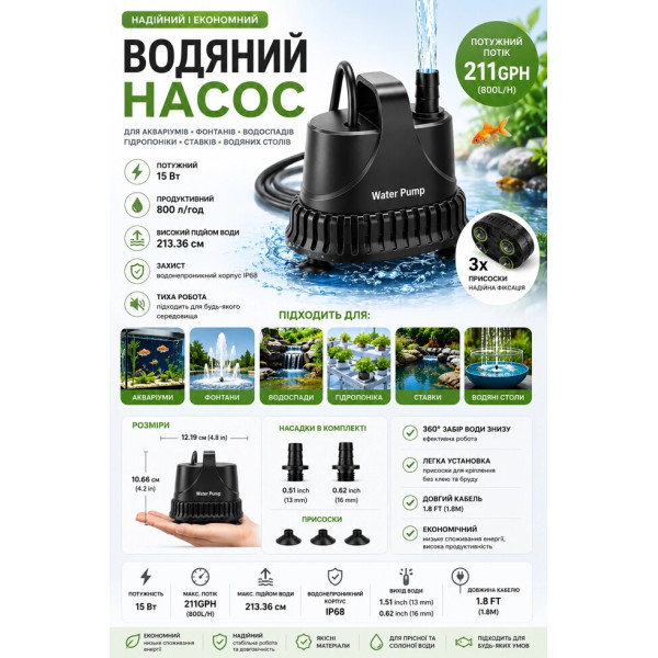 Занурювальний водяний насос 800 л/год 15 Вт IP68 для акваріума, фонтану та ставка
