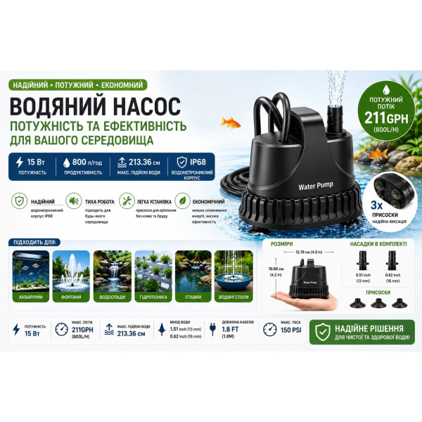 Занурювальний водяний насос 800 л/год 15 Вт IP68 для акваріума, фонтану та ставка