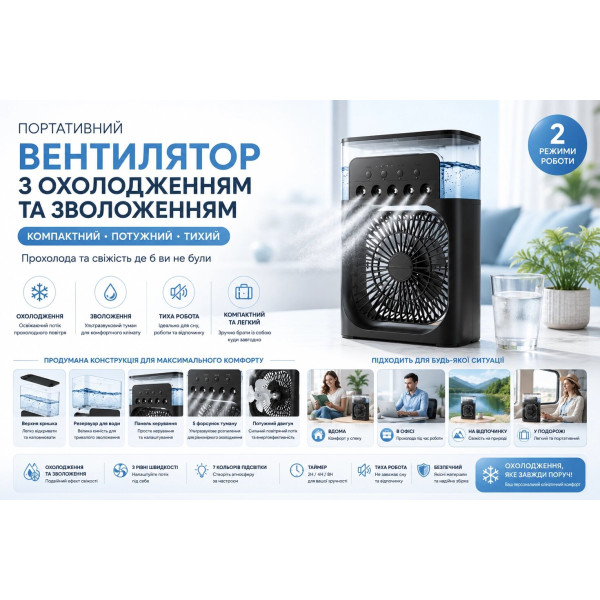Міні вентилятор із зволоженням повітря для дому, офісу та подорожей