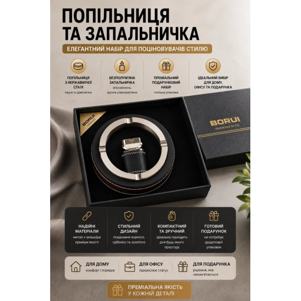 Набір BORUI: металева попільничка та газова запальничка у подарунковій коробці