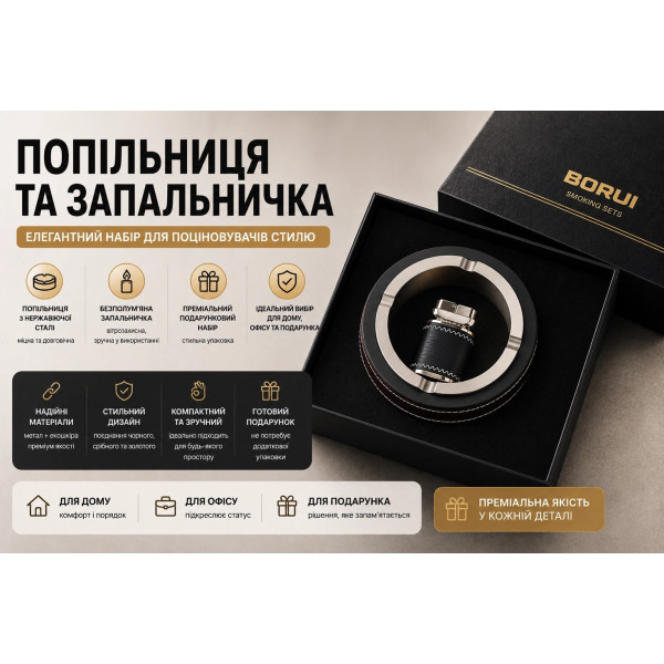 Набір BORUI: металева попільничка та газова запальничка у подарунковій коробці