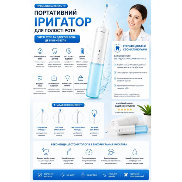 Портативний іригатор для порожнини рота JIELING, 2 режими, IPX7, 1000 мАг, 165 мл