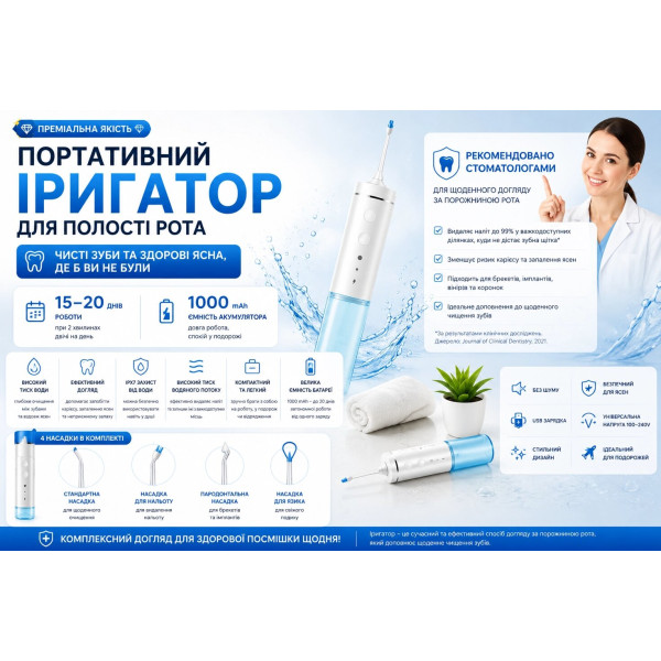 Портативний іригатор для порожнини рота JIELING, 2 режими, IPX7, 1000 мАг, 165 мл