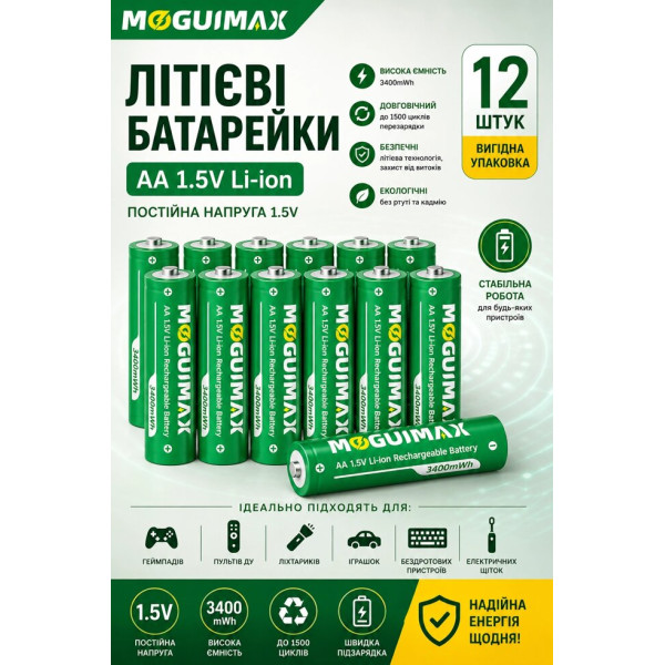 Перезаряджувані акумулятори AA 1.5V 3400mWh для побутової техніки