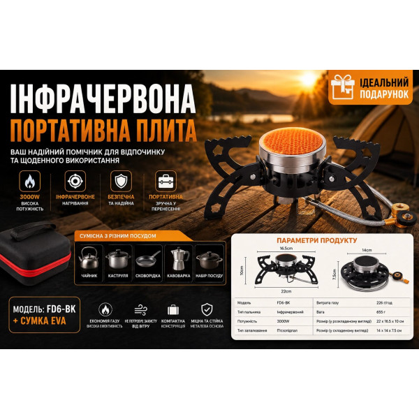 Похідний газовий пальник з інфрачервоним нагрівом та складними опорами