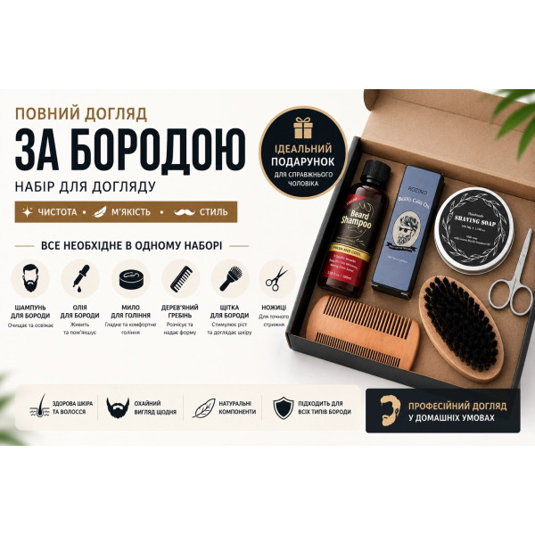 Подарунковий набір для догляду за бородою 6 в 1 із шампунем, олією, милом, гребінцем, щіткою та ножицями