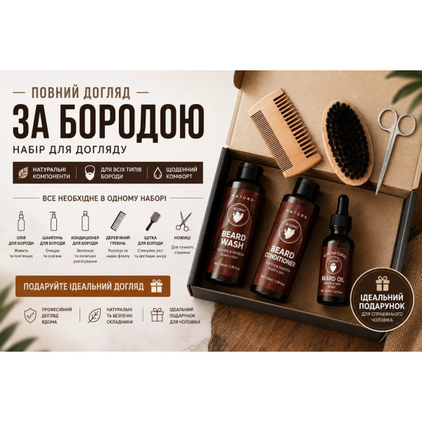 Подарунковий набір для догляду за бородою 6 в 1 із шампунем, кондиціонером, олією, гребінцем, щіткою та ножицями