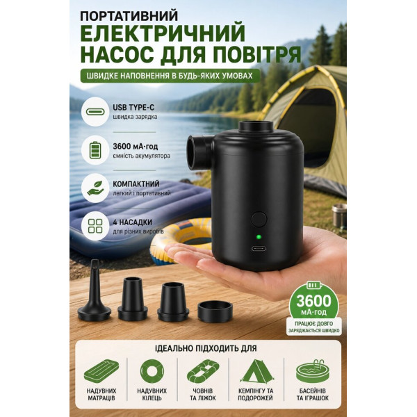 Портативний електричний насос для надувних виробів 3600 мА·год USB Type-C, 4 насадки