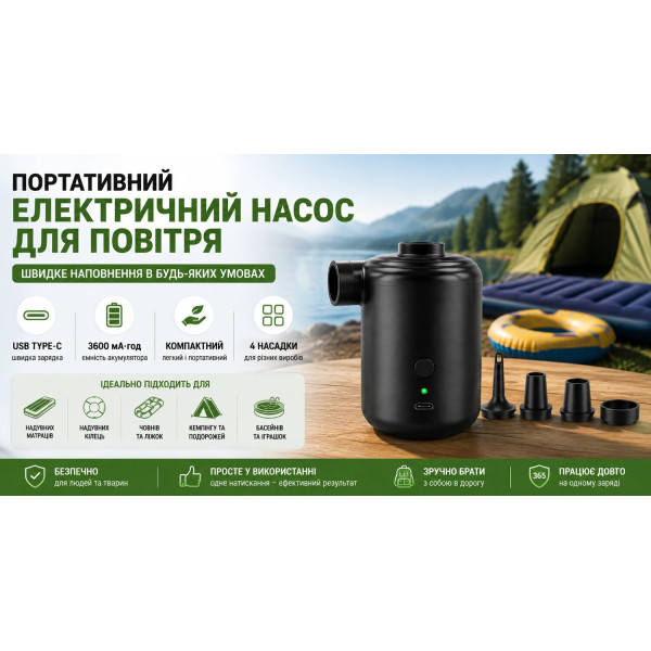 Портативний електричний насос для надувних виробів 3600 мА·год USB Type-C, 4 насадки