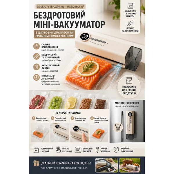 Бездротовий вакуумний пакувальник з цифровим дисплеєм та набором насадок