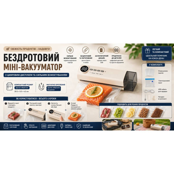 Бездротовий вакуумний пакувальник з цифровим дисплеєм та набором насадок