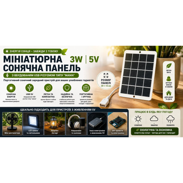 Міні сонячна панель 3 Вт 5 В з USB для живлення малопотужних пристроїв