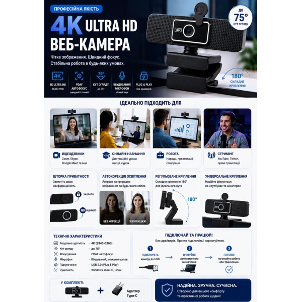 Вебкамера 4K Plug & Play для відеодзвінків, конференцій та онлайн-навчання