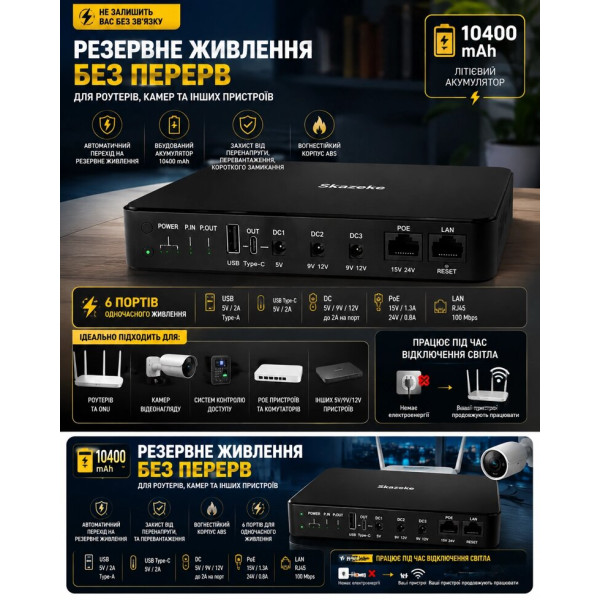 Резервне живлення Skazeke 10400 мАг USB Type-C DC PoE для мережевого обладнання