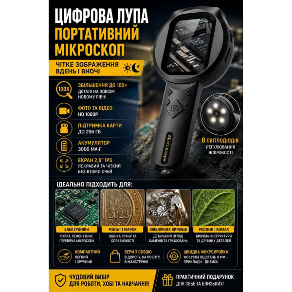 Портативний мікроскоп-лупа T54 з IPS-дисплеєм та підтримкою карти пам'яті