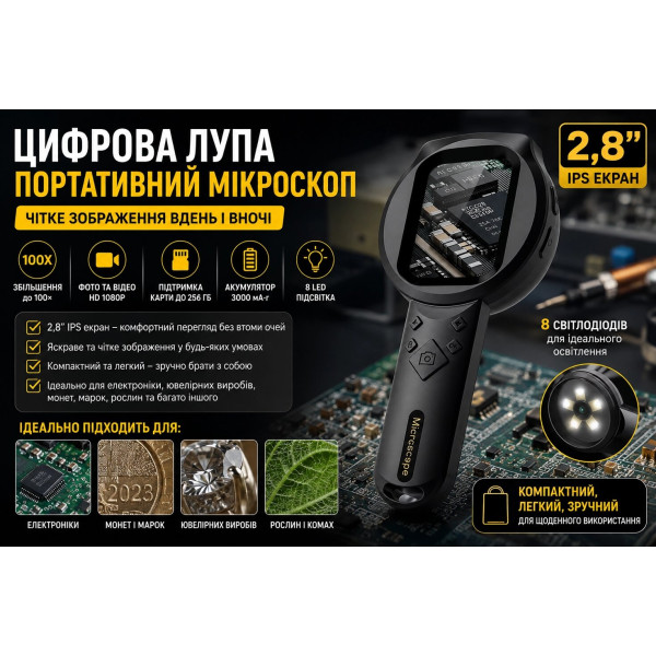 Портативний мікроскоп-лупа T54 з IPS-дисплеєм та підтримкою карти пам'яті