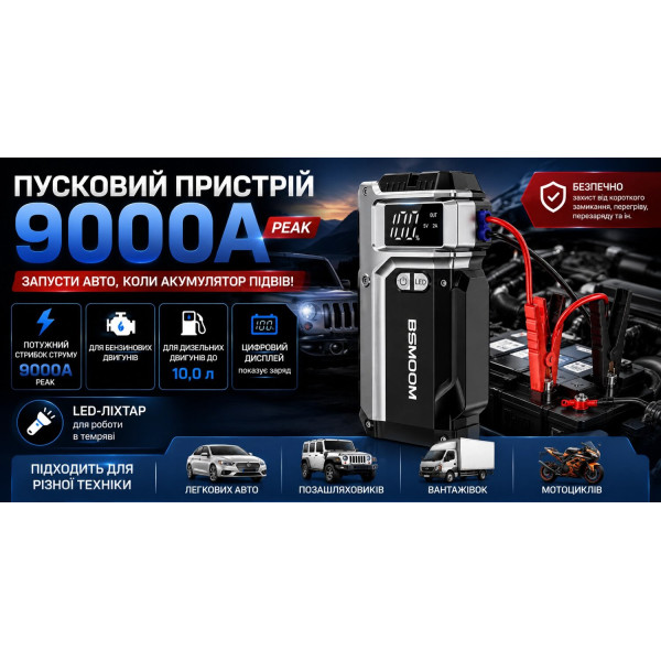 Пусковий пристрій BSMOOM 9000A для автомобіля 12 В з дисплеєм та LED-ліхтарем