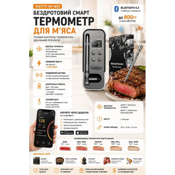 Кухонний термометр TASTYTI HK-W01 з бездротовим щупом, базовою станцією з екраном та керуванням через застосунок