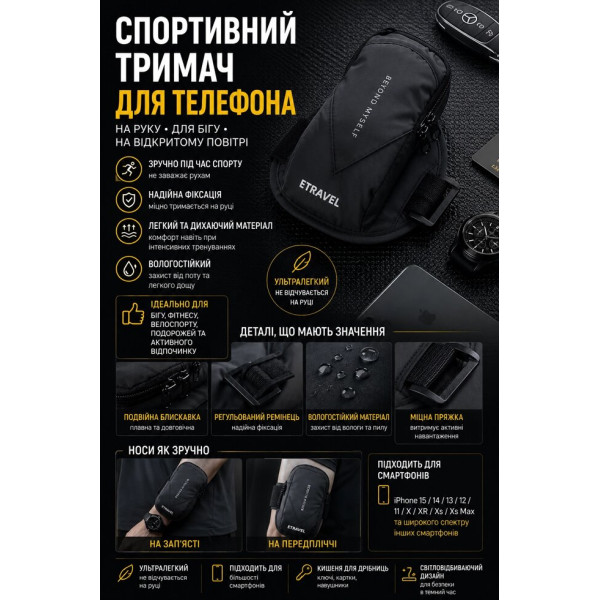 Наручна сумка для телефона до 7,2 дюйма з подвійною блискавкою та регульованим кріпленням для спорту