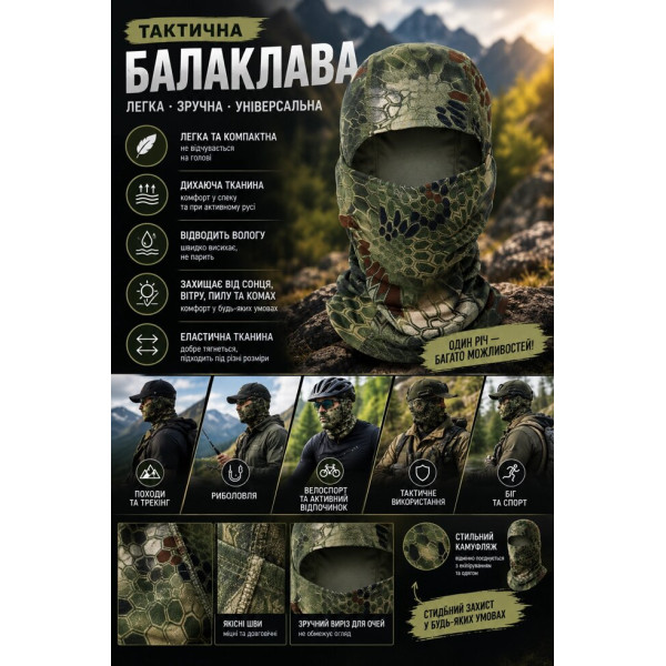 Еластична балаклава для спорту, туризму та активного відпочинку