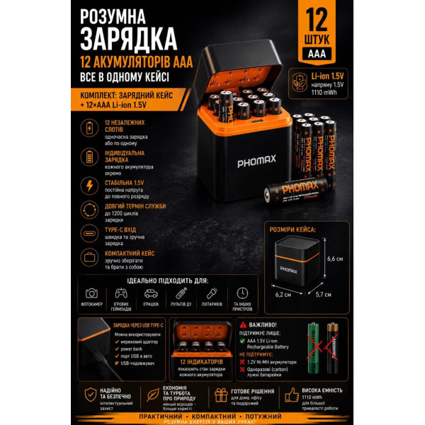 Акумулятори AAA Li-ion 1,5 В 1110 mWh 12 шт. + зарядна станція на 12 слотів