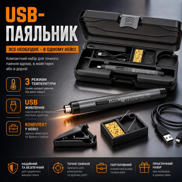 Портативний паяльник USB з акумулятором, регулюванням 300–450°C та кейсом, сірий