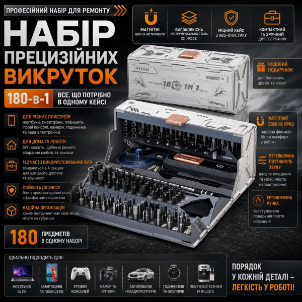 Набір прецизійних викруток JAKEMY 180-в-1 для ремонту електроніки, сріблястий