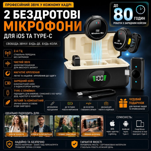 Бездротова мікрофонна система 2.4 ГГц для iOS та Android, 2 мікрофони