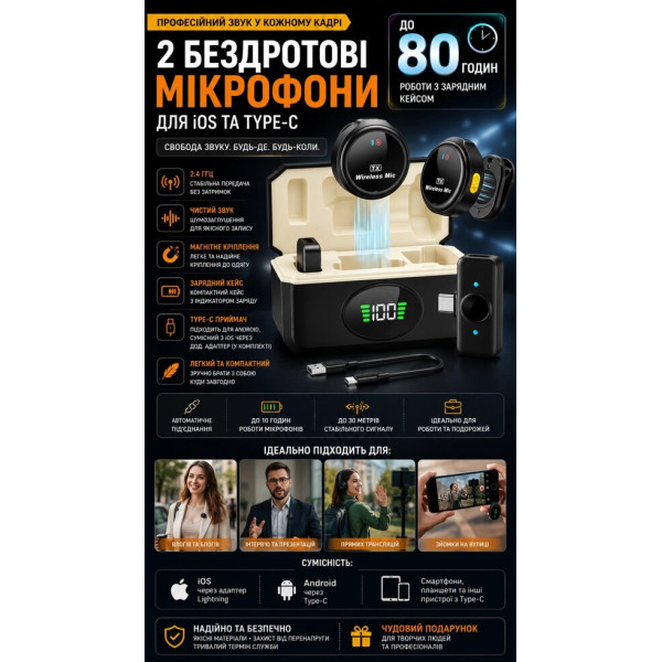 Бездротова мікрофонна система 2.4 ГГц для iOS та Android, 2 мікрофони