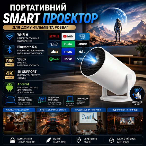 Домашній міні-проектор Android з авто корекцією та поворотною конструкцією 180°