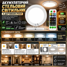 Бездротовий світлодіодний світильник 8000 mAh з пультом, датчиком руху та магнітним кріпленням
