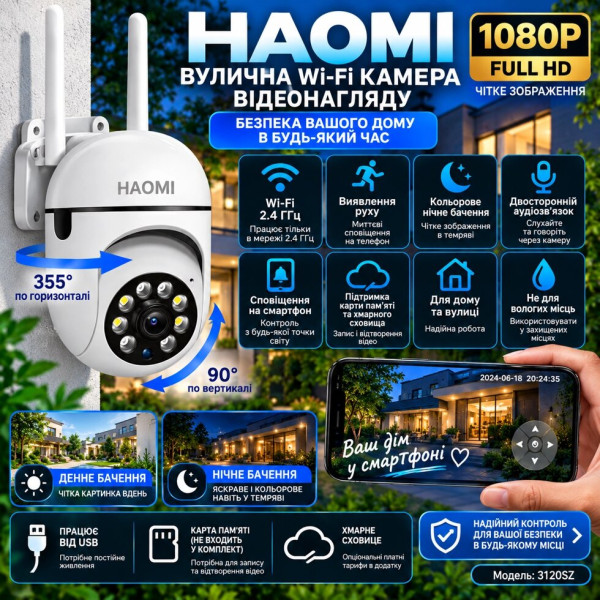 Поворотна Wi-Fi камера HAOMI 1080P з детектором руху