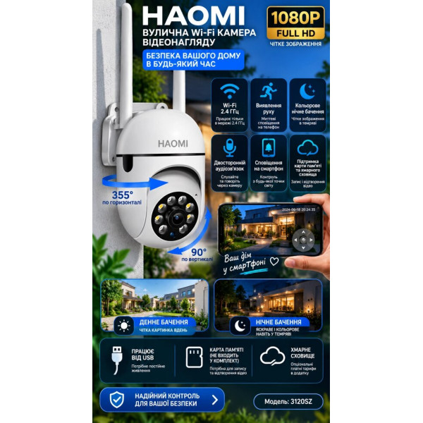Поворотна Wi-Fi камера HAOMI 1080P з детектором руху